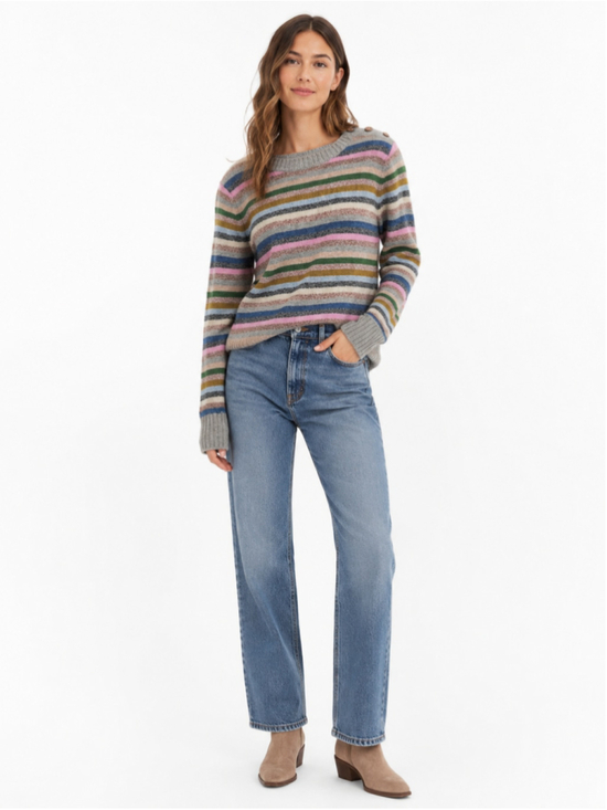 WoolOvers Sweaters - WoolOvers 100% Lambswool Multicolor Striped Button Shoulder Sweater Women’s M